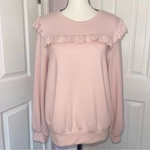 Cupio long sleeve crew neck ruffle detail soft pink sweatshirt, size medium